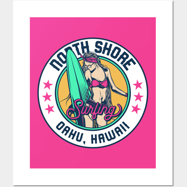 Retro Surfer Babe Badge North Shore Oahu Hawaii Wall Art by Now Boarding